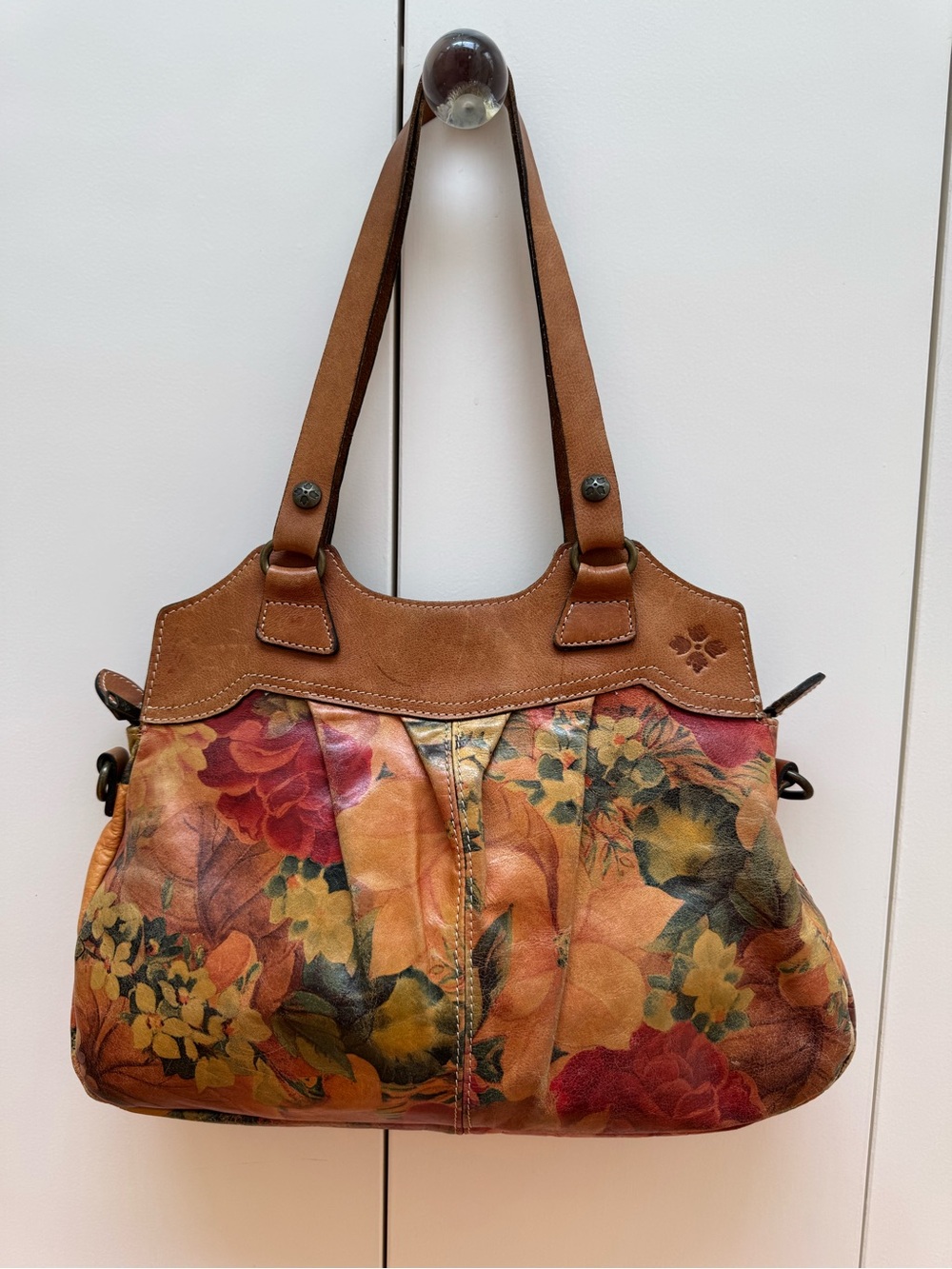 Floral Leather Tote Handbag in Tan and Multicolor